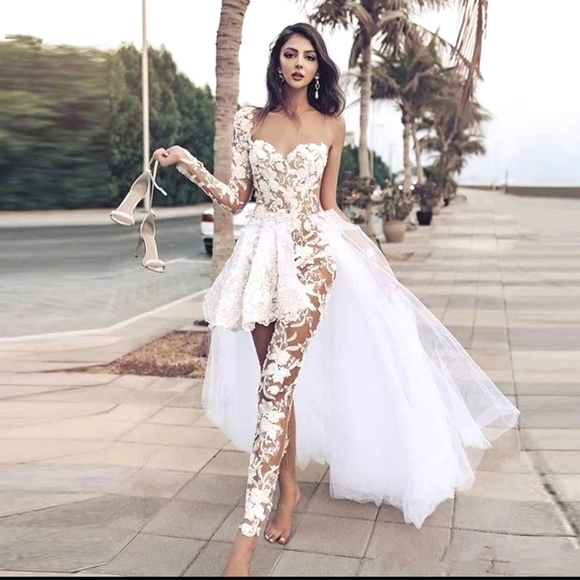 Nwt Ballbella Ivory/Nude Illusion Lace One Shoulder Longsleeve Bridal /Jumpsuit - Picture 9 of 16